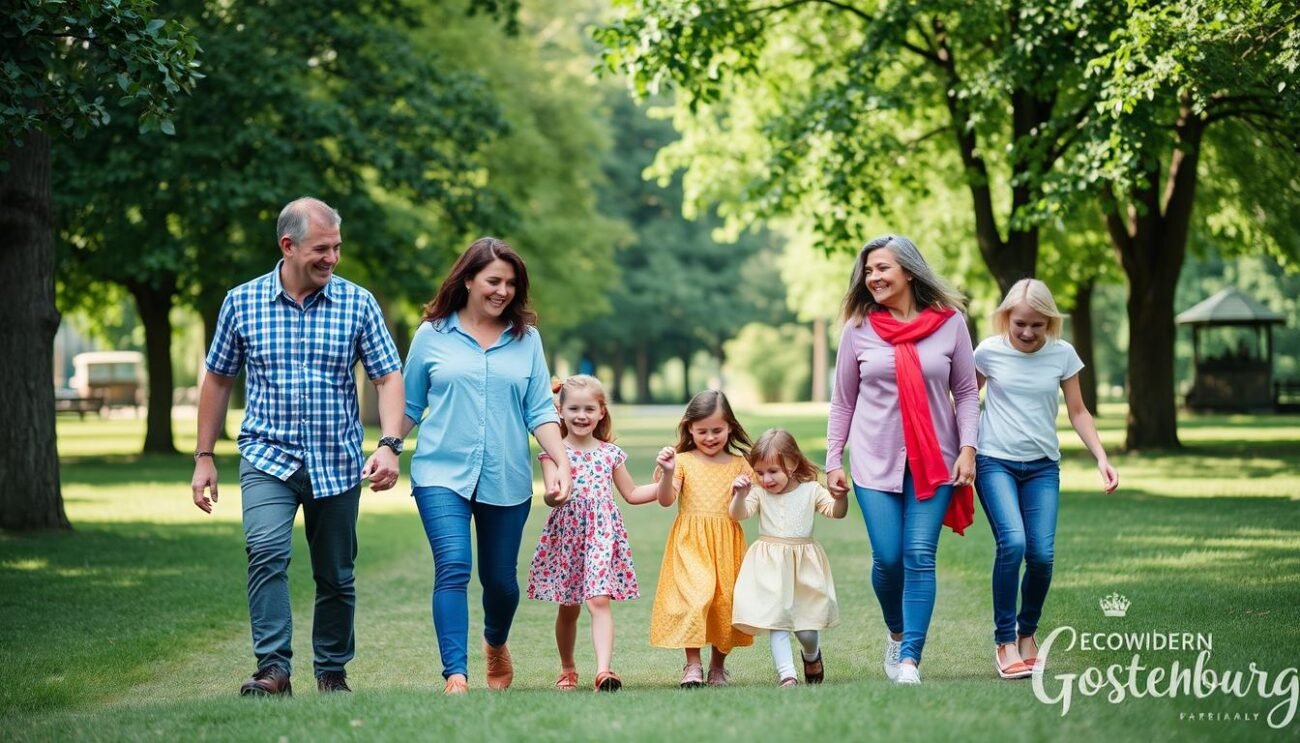 En glad familj som är familjehem i Göteborg går tillsammans i en park