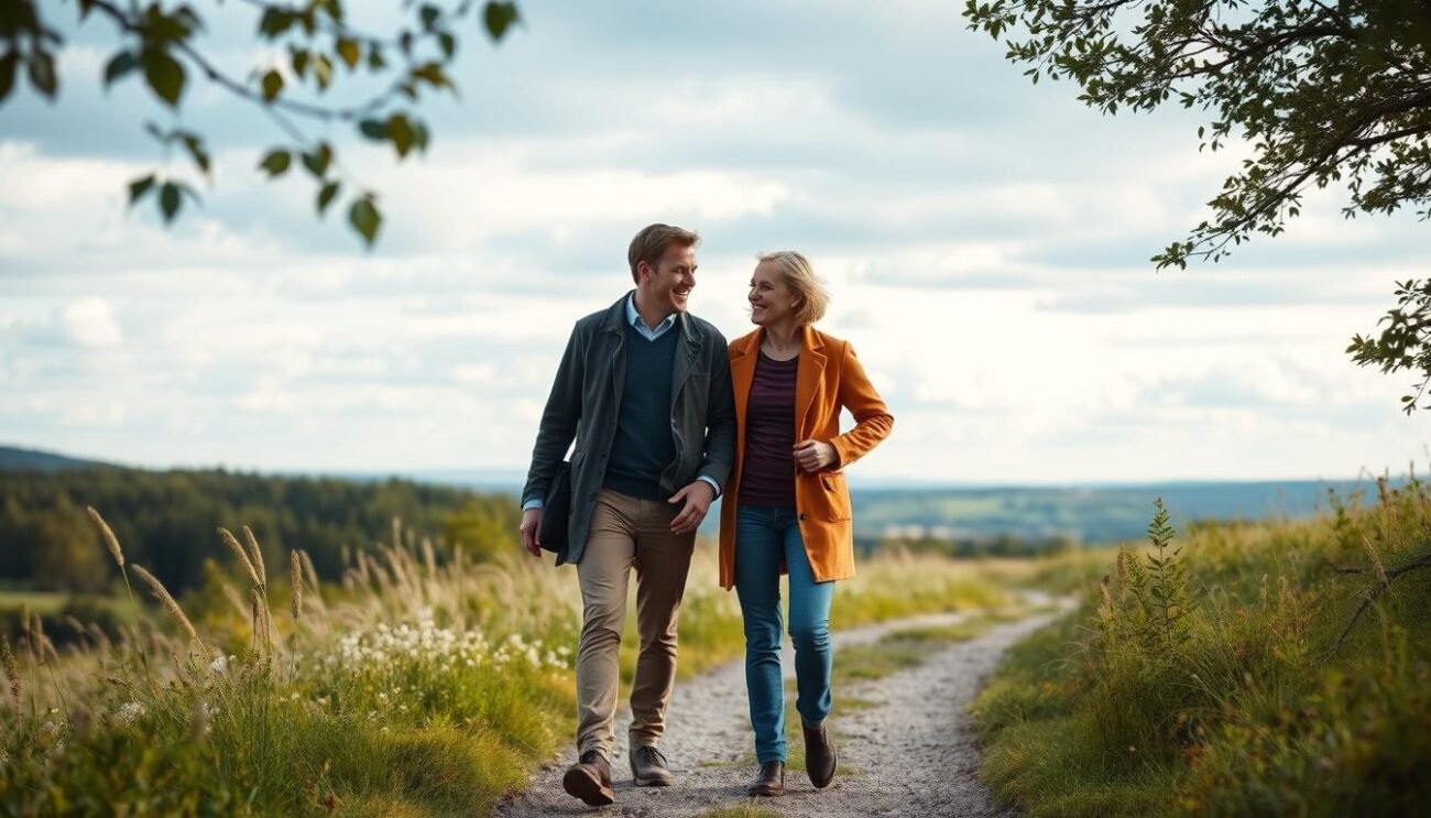 En kontaktperson och en klient som går på en promenad i naturen, vilket visar en positiv relation