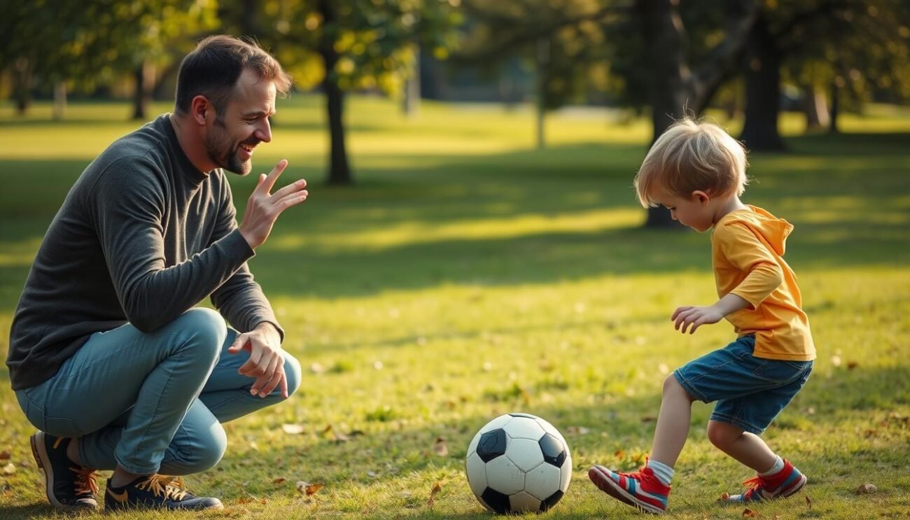 En kontaktperson och ett barn som spelar fotboll i en park, vilket illustrerar hur man kan bli kontaktperson och göra skillnad