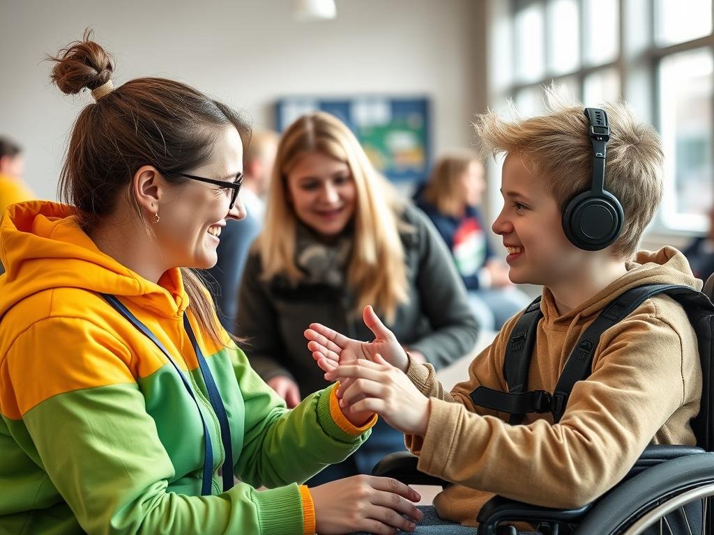 En kontaktperson som hjälper en person med funktionsnedsättning att delta i en fritidsaktivitet