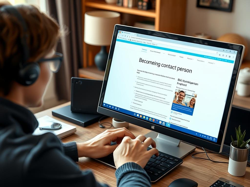 En person som läser information om att bli kontaktperson på en dator