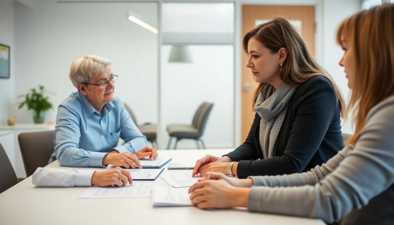 En socialsekreterare i samtal med en potentiell fosterfamilj i Göteborg