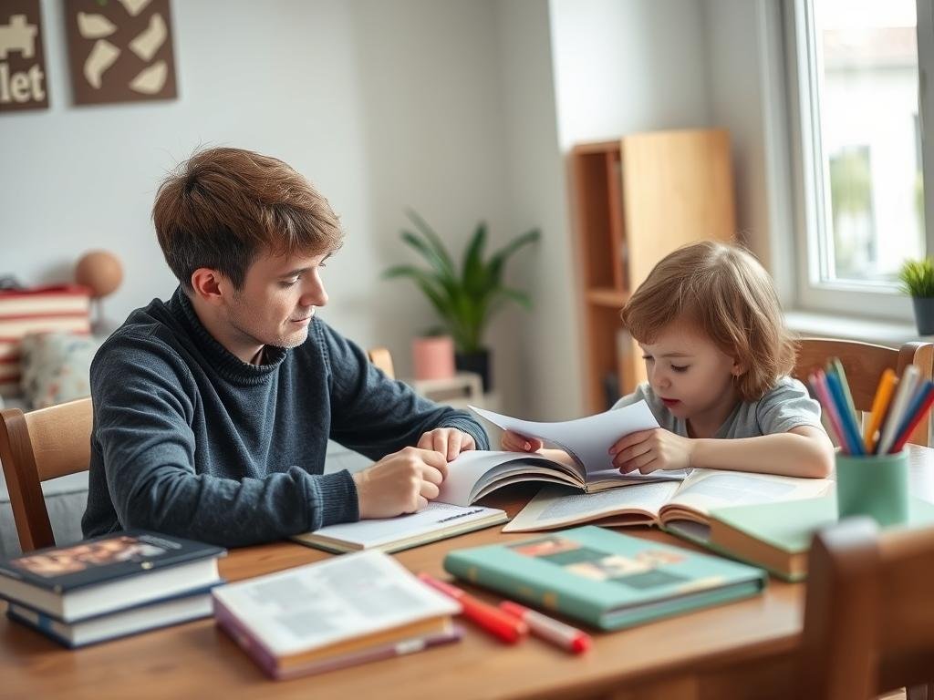 En vuxen hjälper ett barn med läxor vid ett bord, visar stödet som familjehem Göteborg erbjuder