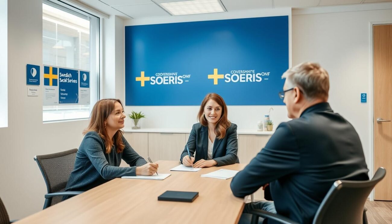 Ett introduktionsmöte mellan en potentiell kontaktperson, en socialsekreterare och en klient, vilket visar steg 4 i processen att bli kontaktperson